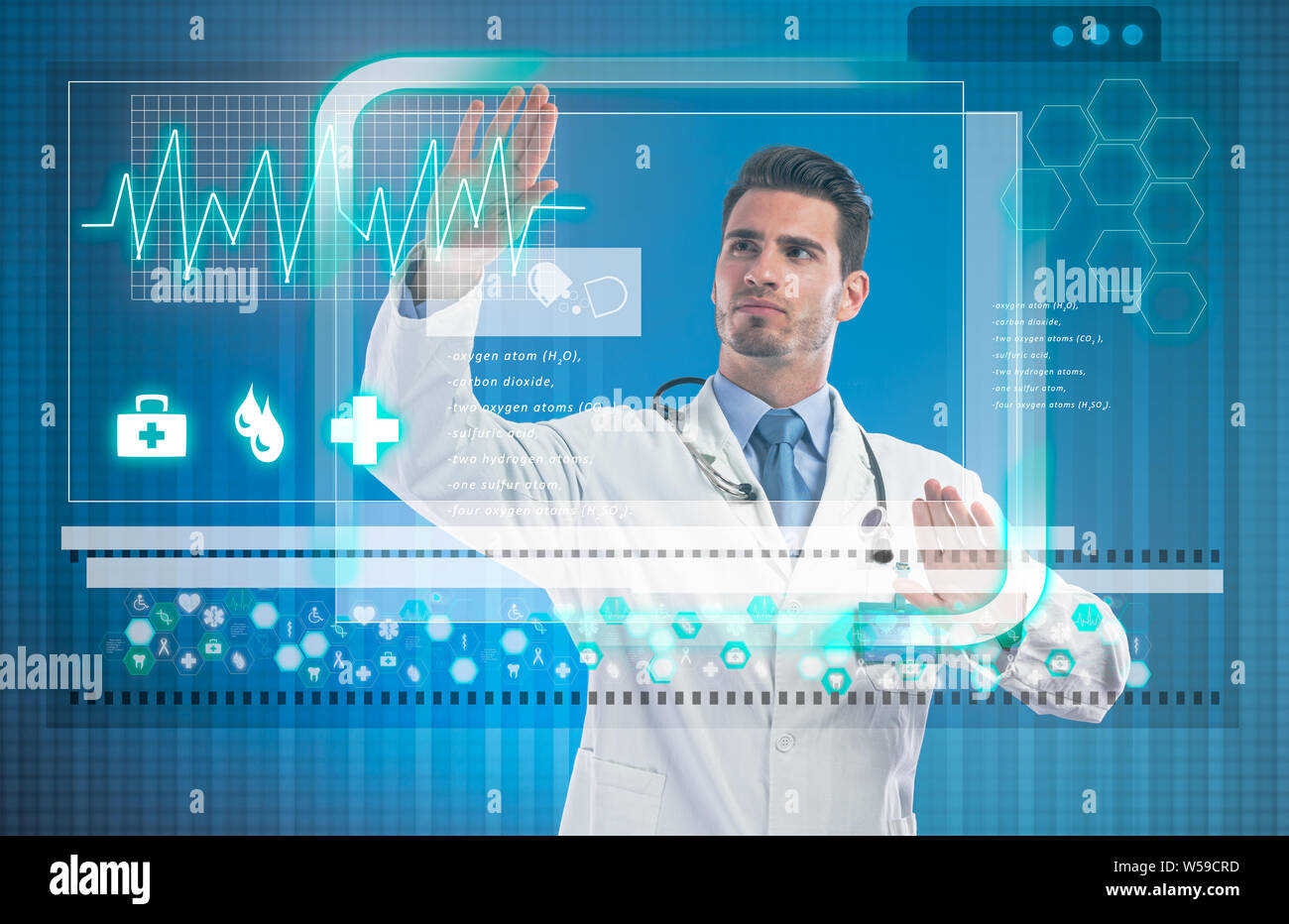 Arzt berühren virtuellen Bildschirm mit medizinischen Daten Stockfoto