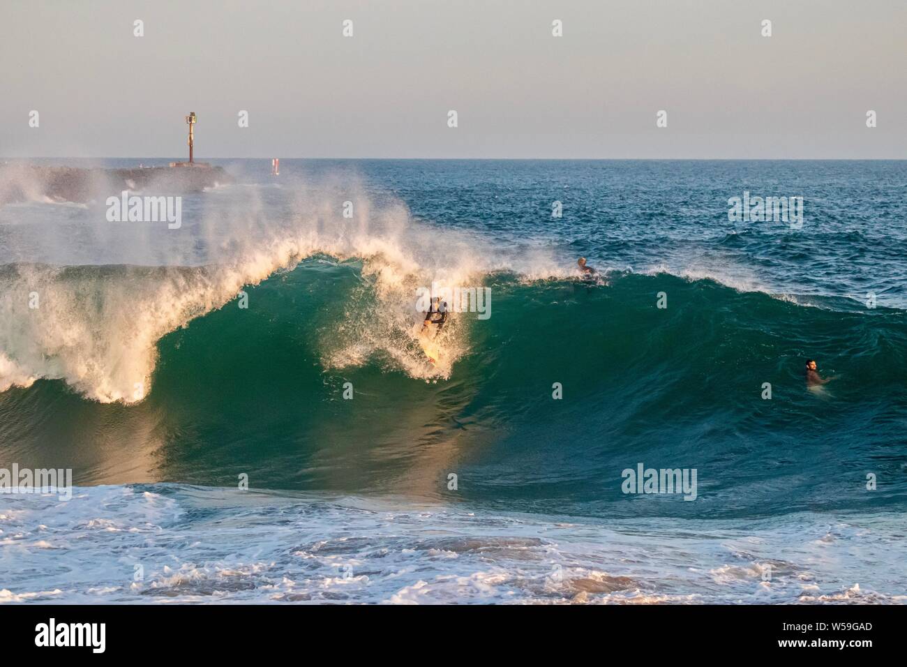 Ein Surfer surft eine große Welle an der Keil in Newport Beach, Kalifornien Stockfoto