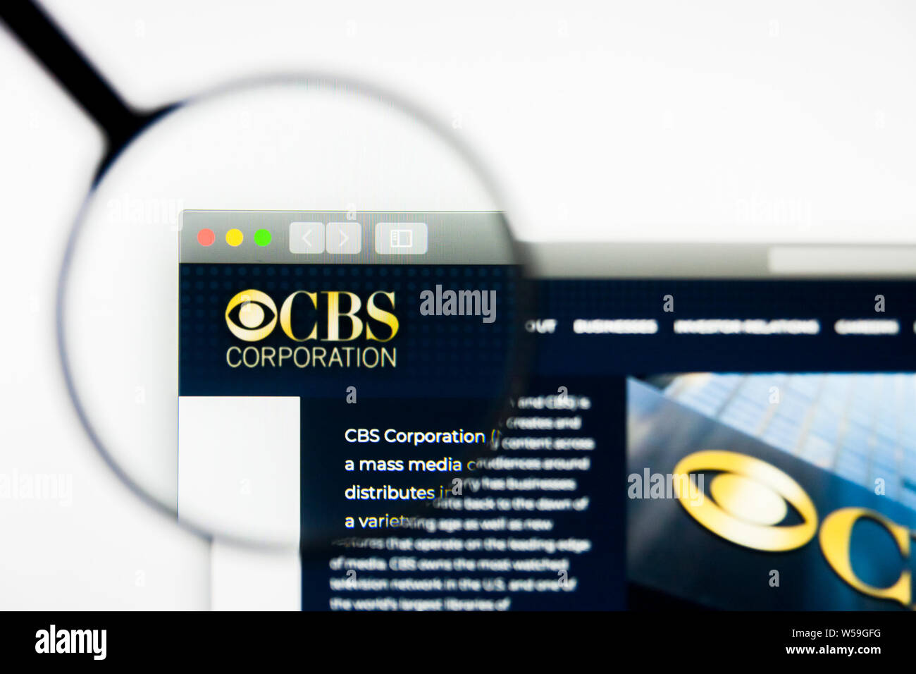 Richmond, Virginia, USA - 26. Juli 2019: Illustrative Editorial von CBS Corporation Homepage. CBS Corporation Logo auf dem Bildschirm sichtbar. Stockfoto