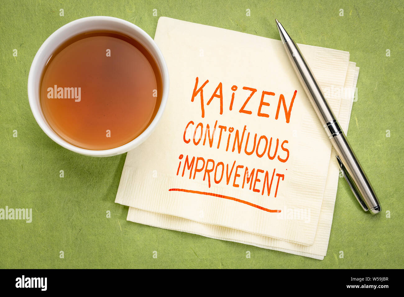 Kaizen - Kontinuierliche Verbesserung der japanischen Begriff - Handschrift auf eine Serviette mit einer Tasse Tee Stockfoto