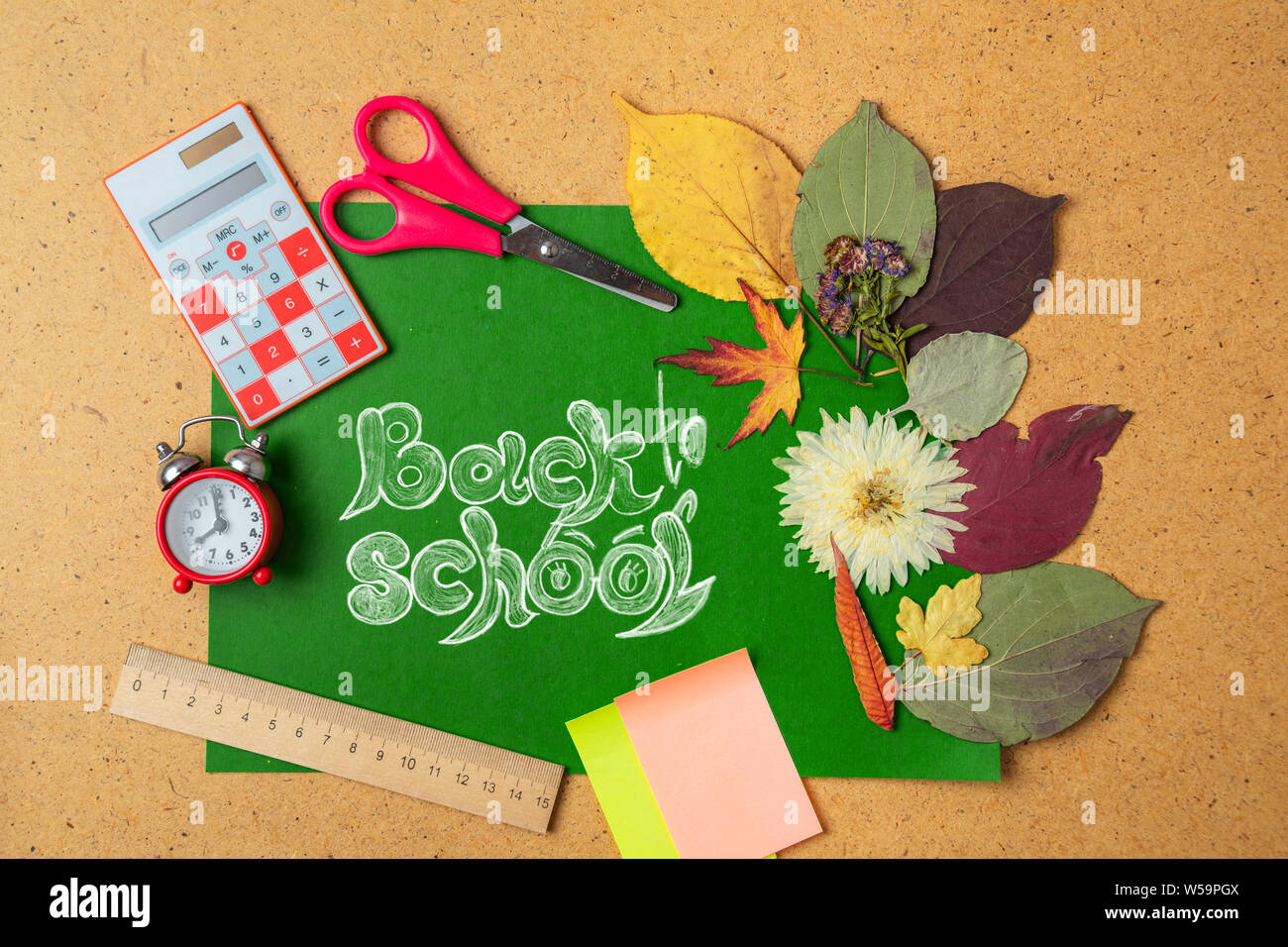 Zurück zum Konzept der Schule. Wecker mit Herbst Laub. Stockfoto