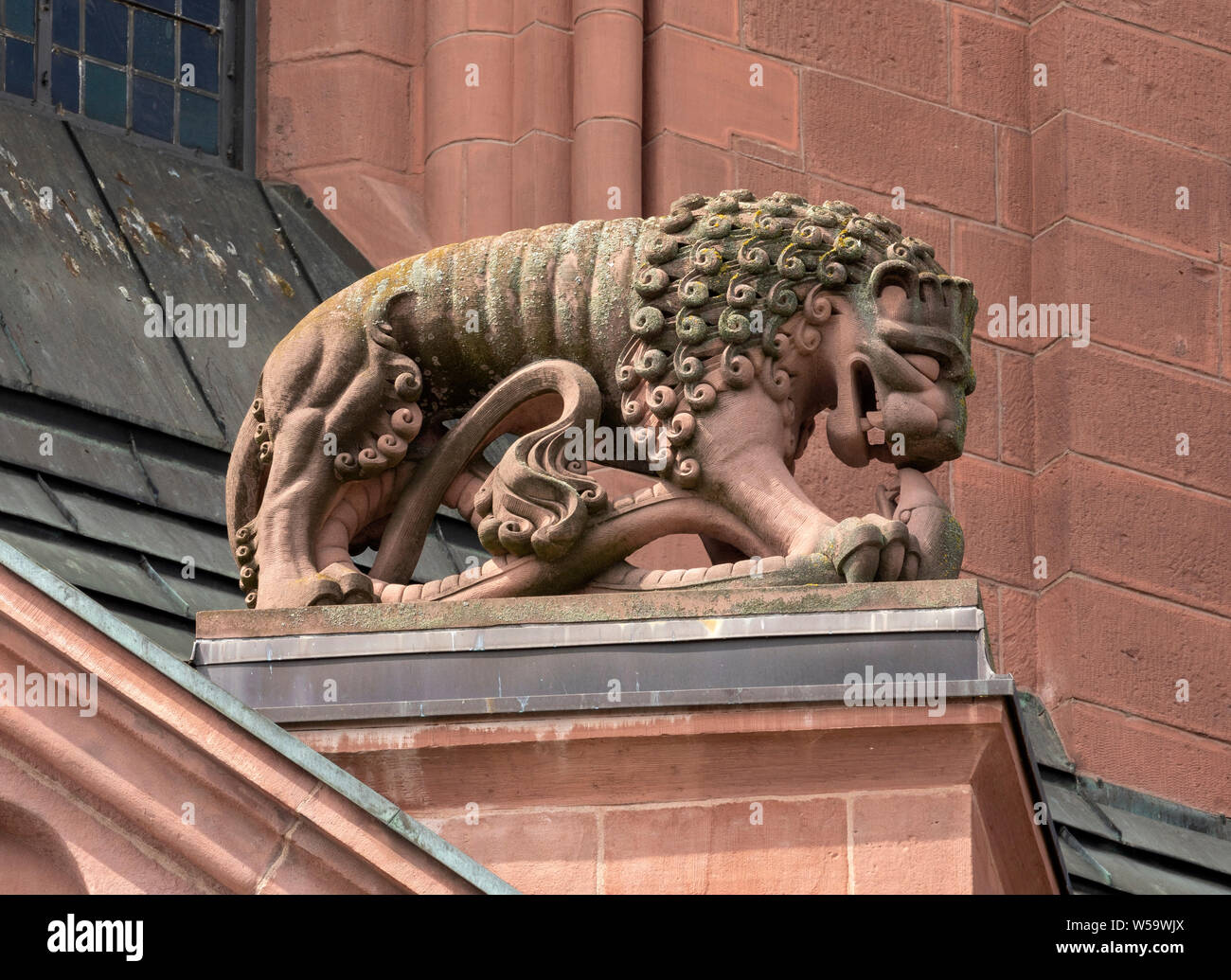 Mainz, Dom St. Martin, Ostchor, Löwe am Giebel Stockfoto