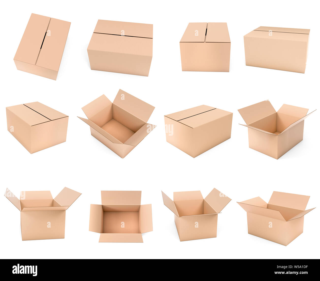 Versandkarton mock up. Braun Set Kartons. 3D Rendering Illustration auf weißem Hintergrund Stockfoto