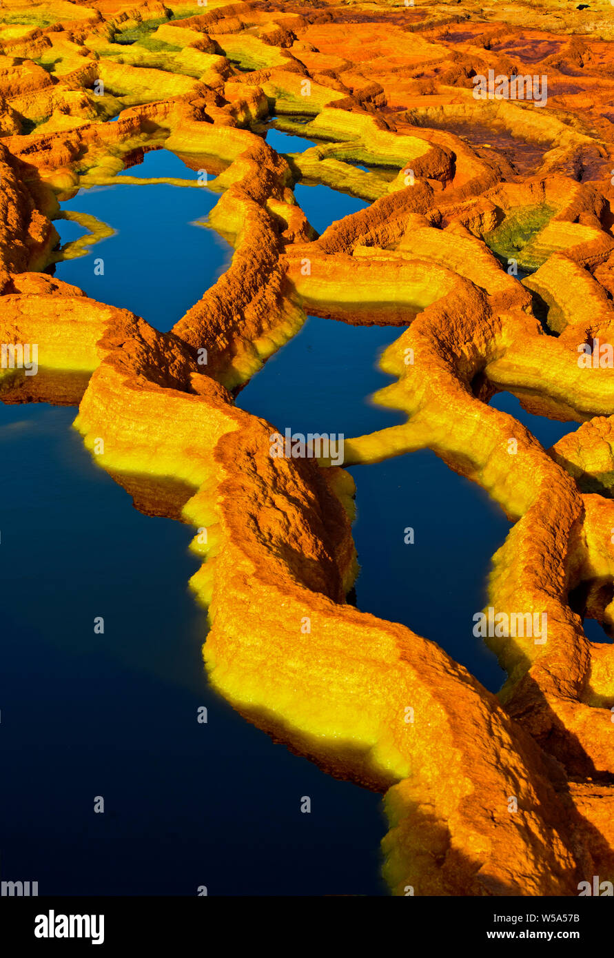 Rostfarbener Salz Strukturen in einer Säure Sole-pool, geothermische Feld von Dallol, Danakil Depression, Afar Dreieck, Äthiopien Stockfoto