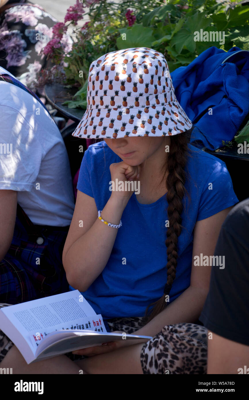 Schwedische Umweltaktivist Greta Thunberg, Alter 16, ein Buch zu lesen, während außerhalb der Schwedischen Parlament in Stockholm über die Notwendigkeit, unverzüglich Maßnahmen zur Bekämpfung der Klimaänderungen zu protestieren, Stockholm, Schweden Stockfoto