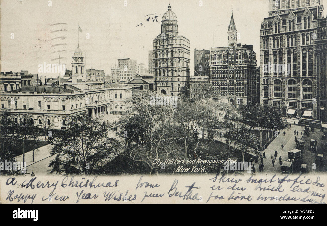 Alte Ansichtskarte von City Hall Park und Zeitung Zeile in New York USA mit handschriftlichen Weihnachtsgrüße aus 1905 Stockfoto