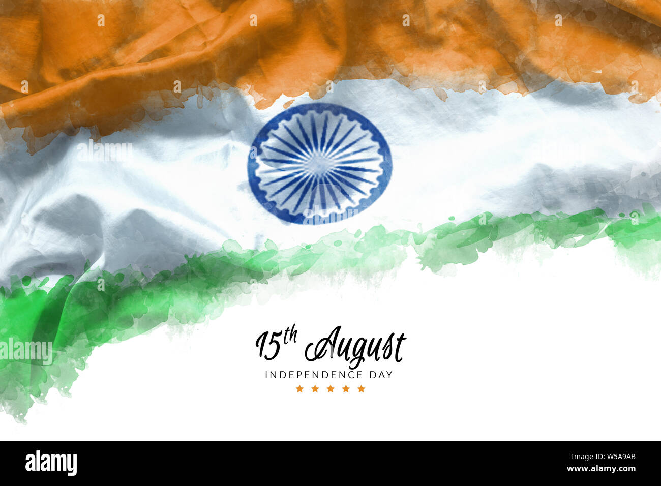 Indien feiert Tag der Unabhängigkeit Grußkarte mit Indischen wehende Flagge grunge durch Wasser Farbe Farbe Hintergrund. Abstract Background, Vintage Poster, Stockfoto