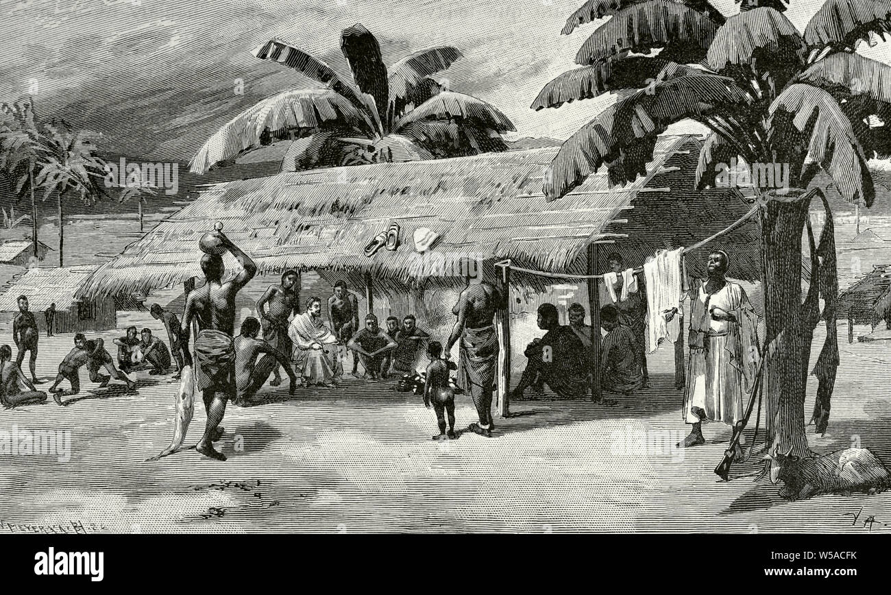 Ein Dorf im äquatorialen Afrika. Gravur. Afrika inexplorada, el Continente Misterioso von Henry Morton Stanley, C. 1887. Stockfoto