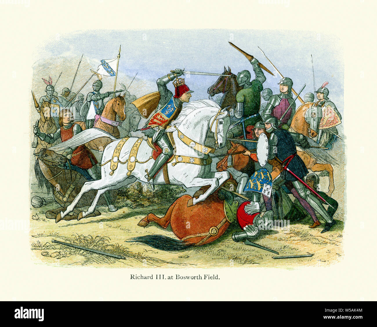 König Richard III. kämpft in der Schlacht von Bosworth in 1485. Schlacht von Bosworth war der vorletzte Schlacht von die Kriege der Rosen, der Bürgerkrieg. Stockfoto