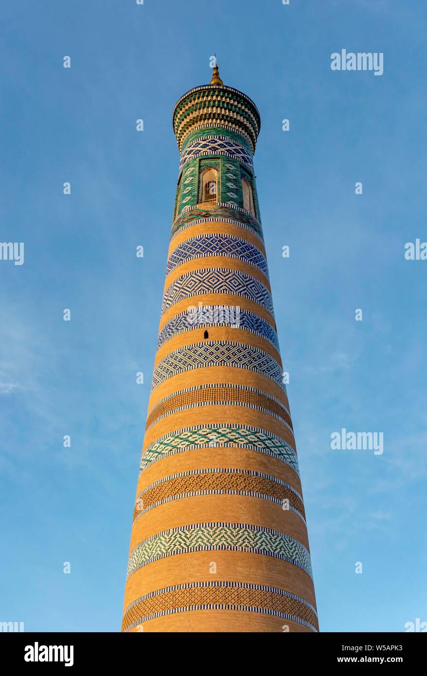 Islom Hoja, Islam Khodja, Minarett, Chiwa, Usbekistan Stockfoto