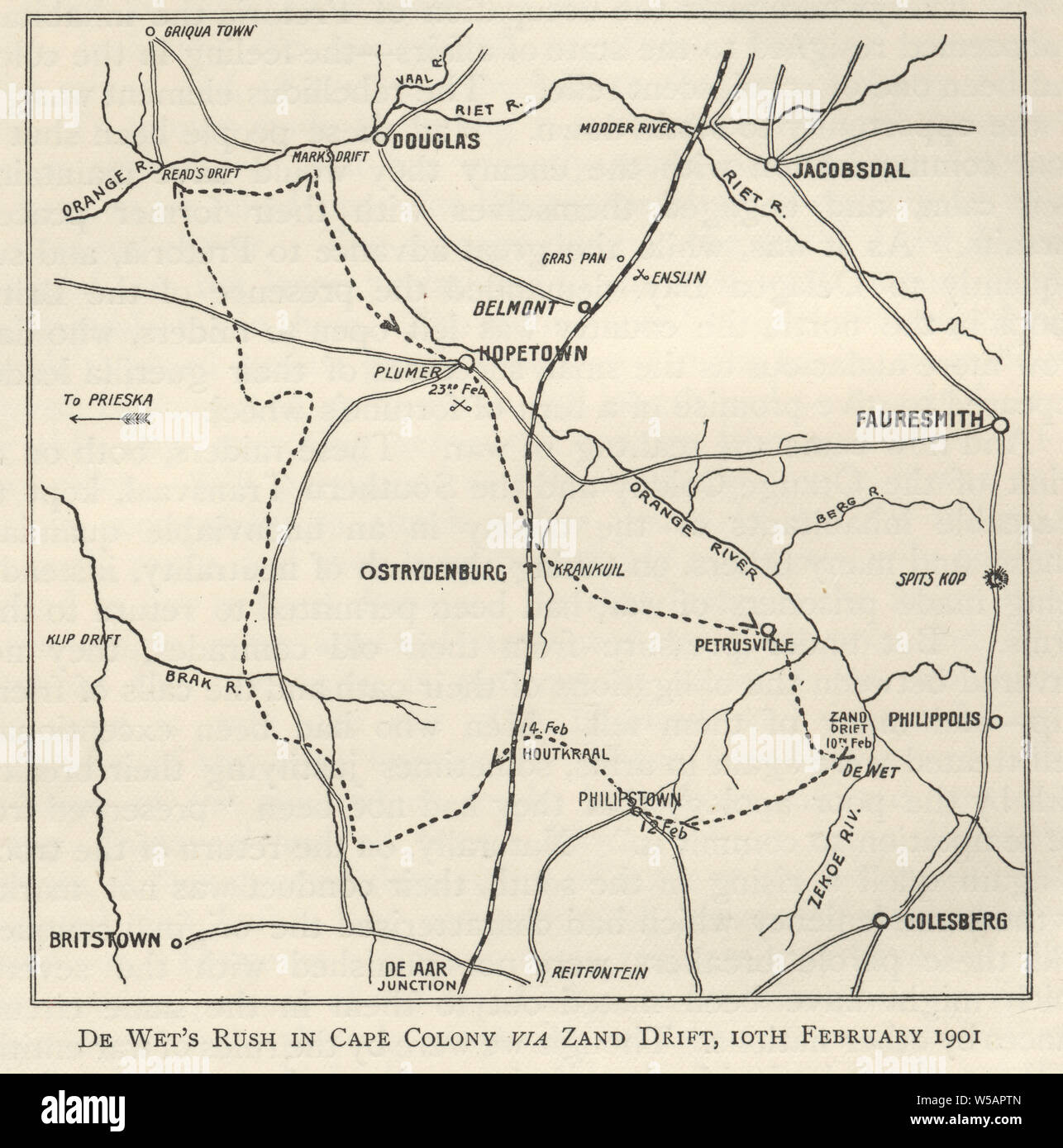 Karte aus der Zweiten Burenkrieg, De Wet Rushs in Cape Colony über Zand Drift, 10. Februar 1901 Stockfoto