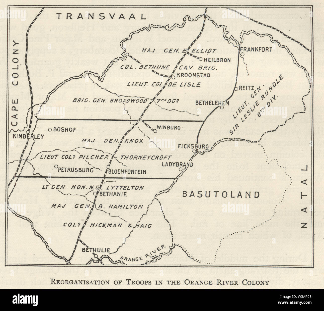Karte aus der Zweiten Burenkrieg, Reorganisation der Truppen in der Orange River Colony 1901 Stockfoto