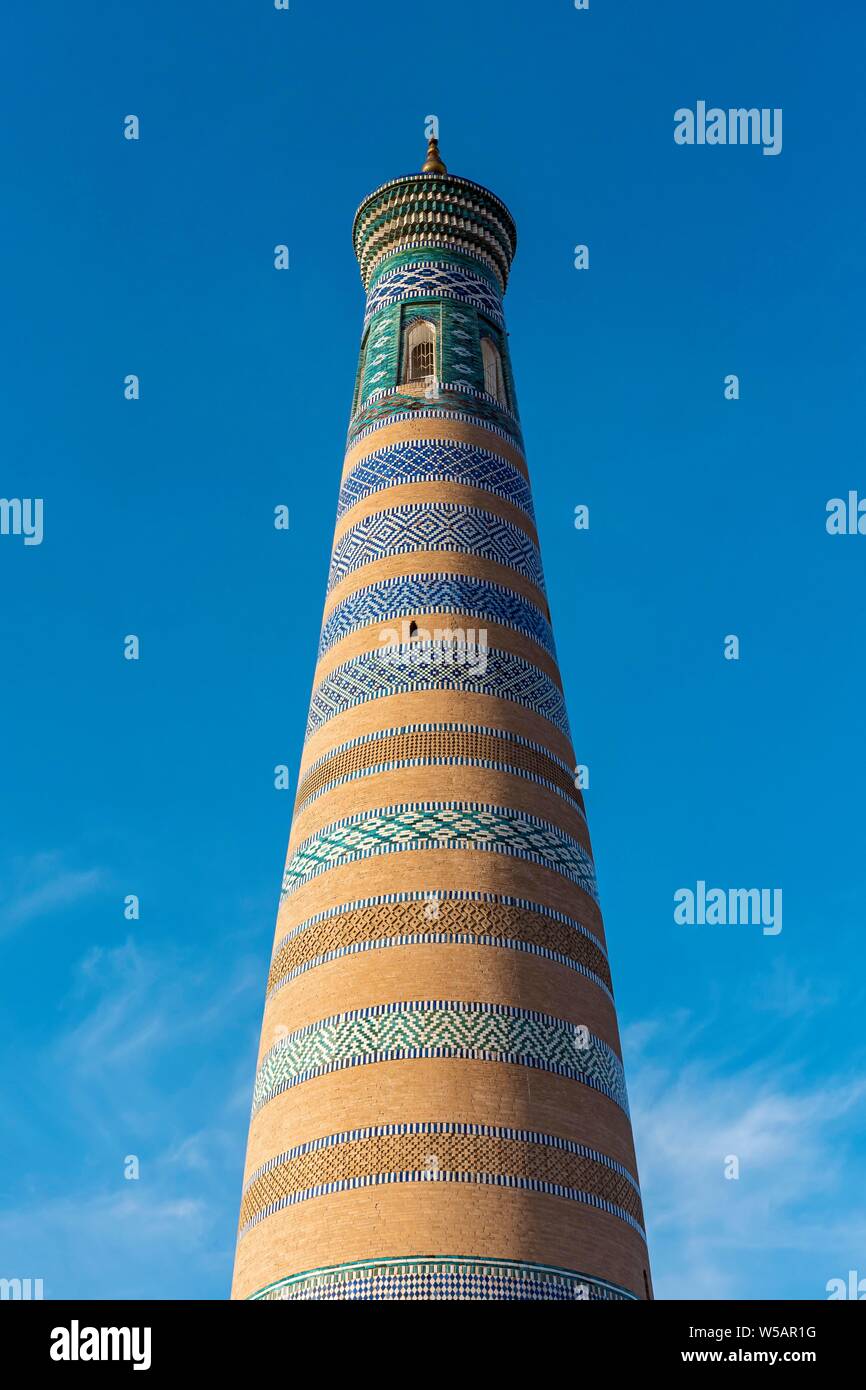 Islom Hoja, Islam Khodja, Minarett, Chiwa, Usbekistan Stockfoto