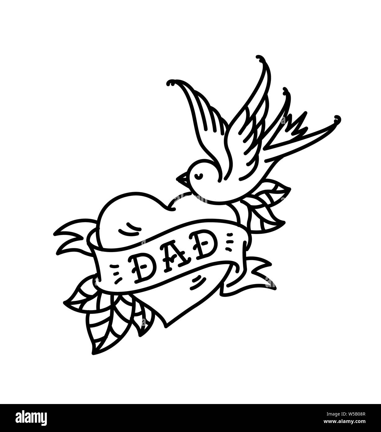 Ein Tattoo mit der Aufschrift von Dad. Herz Tattoo mit einem Birdie. Tattoo im Stil der amerikanischen Old School. Raster Flachbild tattoo. Die Abbildung Stockfoto