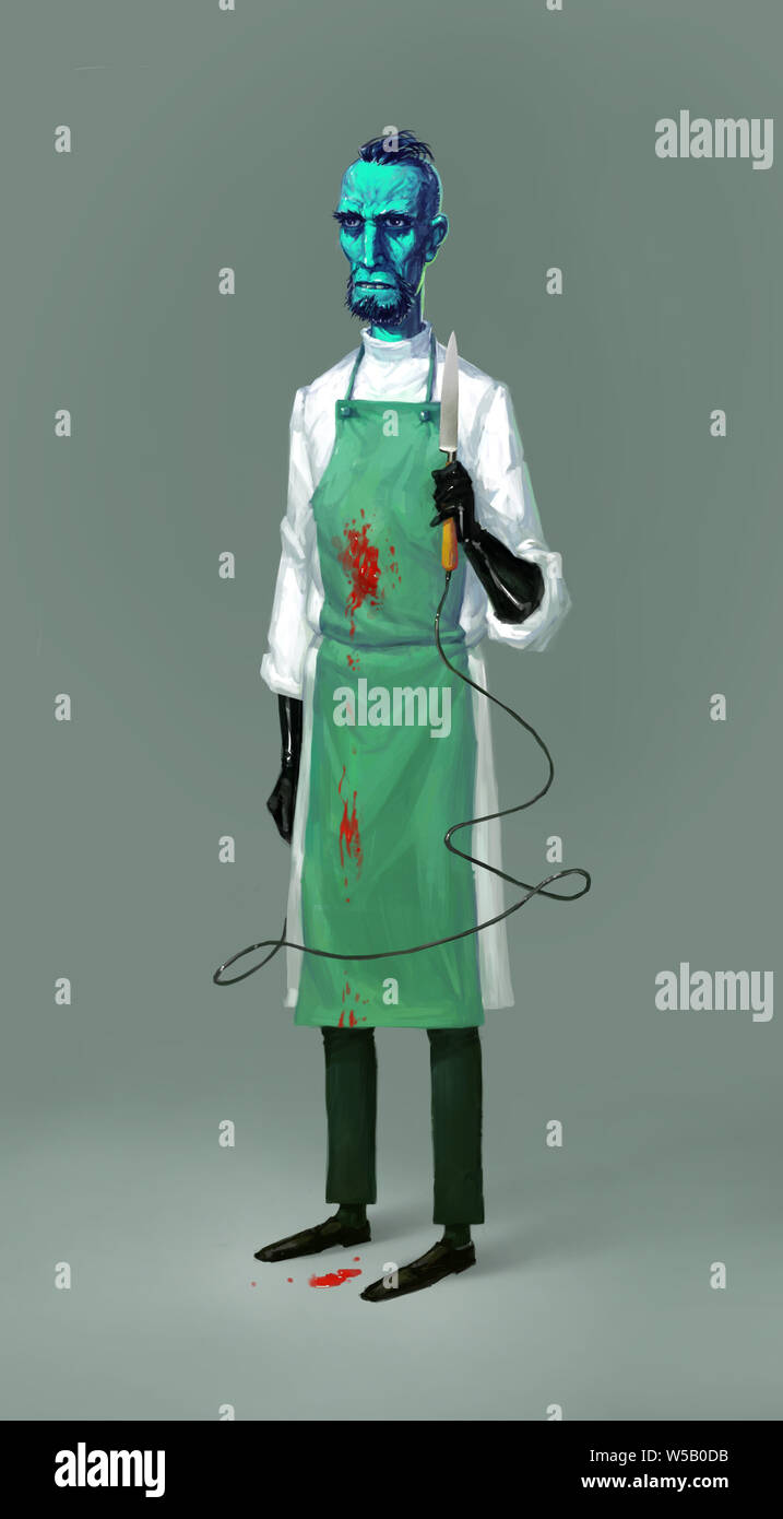 Abbildung: Eine Karikatur Wissenschaftler, Professor. Konzept Skizze Ärzte für den Film. Ein Pathologe aus dem Leichenschauhaus. Cute Zeichen ist ein Zahnarzt. Anima Stockfoto