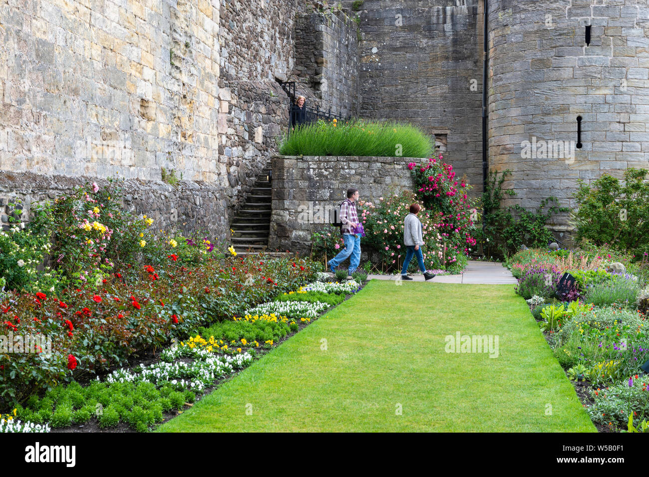 Terrassenförmig angelegte Blumenrabatten im Queen Anne Gärten - Schloss Stirling, Schottland, Großbritannien Stockfoto