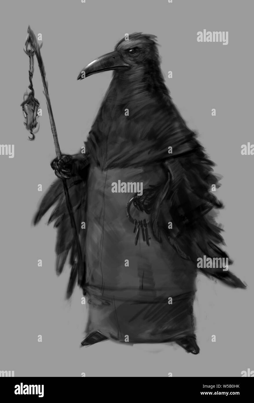 Ein Assistent von Krähen mit Personal und Tasten. Abbildung einer Anthropoiden in Form eines Zauberers. Skizze des Charakters. Raven Vogel schwarze Silhouette Stockfoto