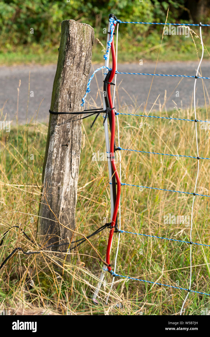 27 Juli 2019, Nordrhein-Westfalen, Hamminkeln-Dingden: ein Zaun gegen Wölfe zu schützen, steht am Rand der Weide. Der Zaun entwickelt von der Hirte Achim Koop ist teilweise elektrisch gesichert. Der Zaun steht neben seiner Weide in der dingden Heide, wo vor drei Jahren einige seiner Tiere von einem Wolf gerissen wurden. Der Niederrhein ist eine der drei Bereiche in Nordrhein-Westfalen, in dem ein Wolf beglichen hat. Foto: Arnulf Stoffel/dpa Stockfoto