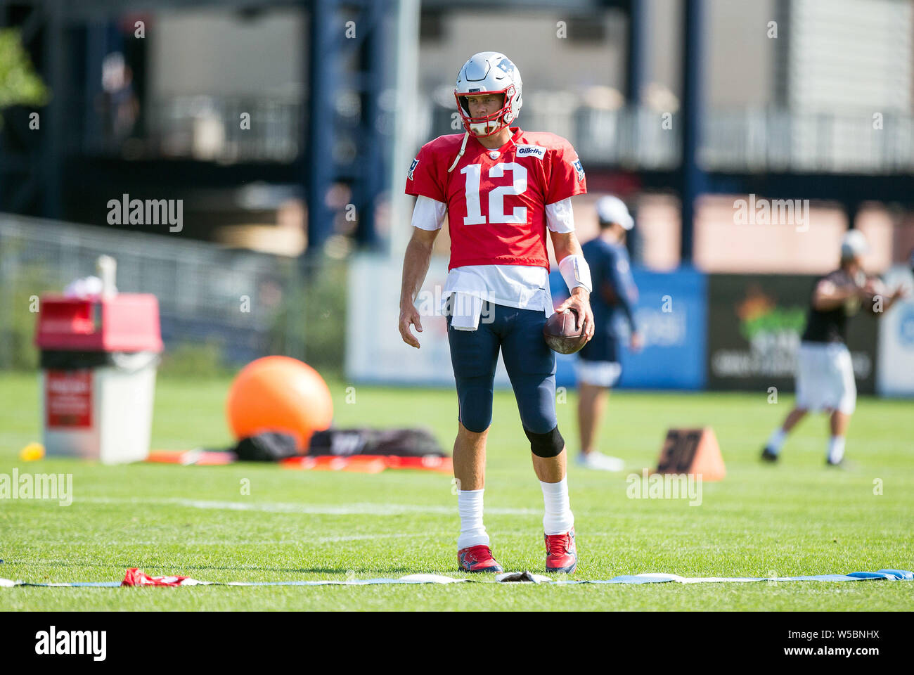 Gillette Stadium, Foxborough, USA. 27. Juli, 2019. MA, USA; New England Patriots Quarterback Tom Brady (12) Während des Trainings Camp am Gillette Stadium, Foxborough, USA. Anthony Nesmith/CSM/Alamy leben Nachrichten Stockfoto