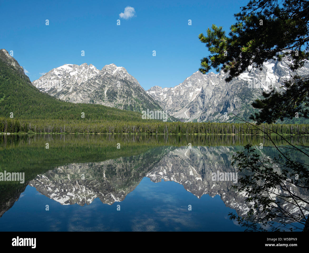 Die schneebedeckten Berge in den ruhigen Gewässern von String See, Grand Teton National Park, Wyoming, USA wider. Stockfoto