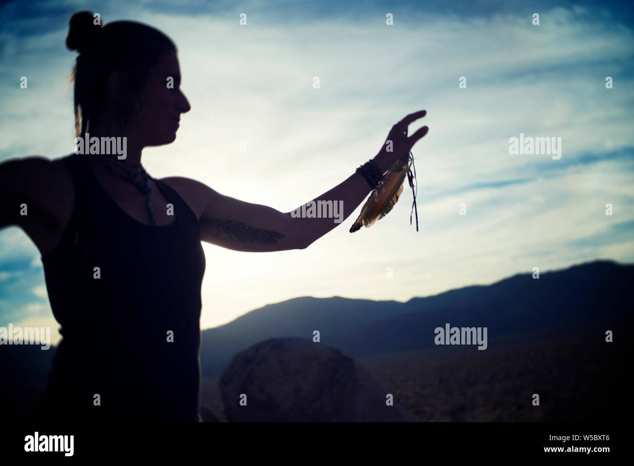 Schamane Frau arbeiten mit Raven und Hawk feather totem Energie in Joshua Tree, Kalifornien, USA Stockfoto