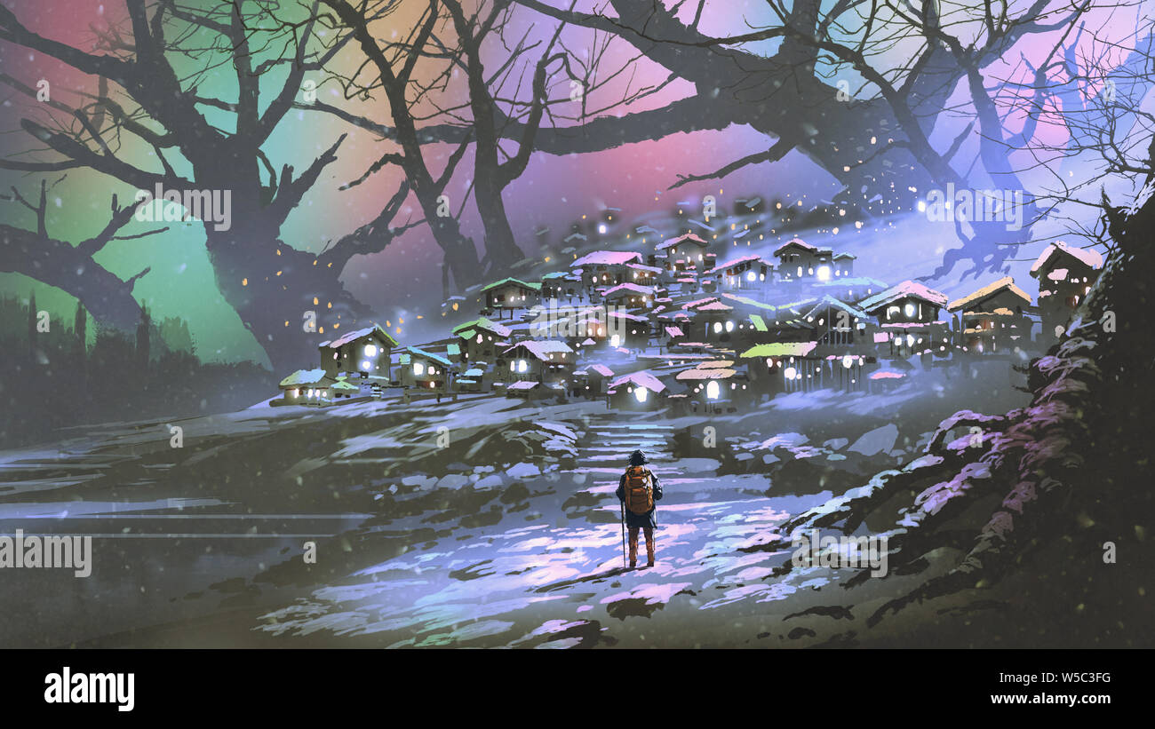 Nacht landschaft schnee Dorf mit bunten Atmosphäre, digital art Stil, Illustration Malerei Stockfoto