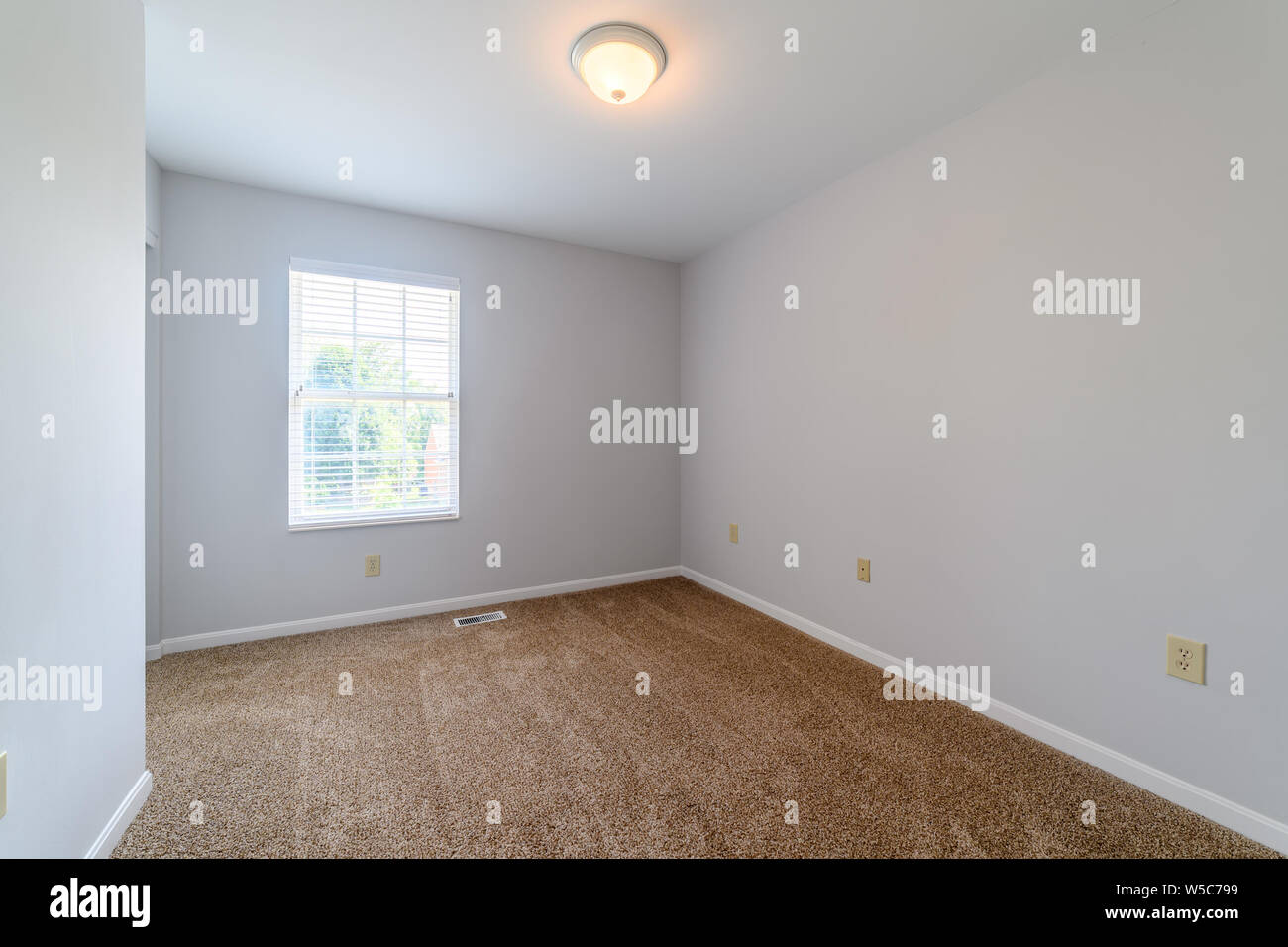 Eine leere undekorierte Schlafzimmer mit Teppich und Baby blaue Wände. Stockfoto