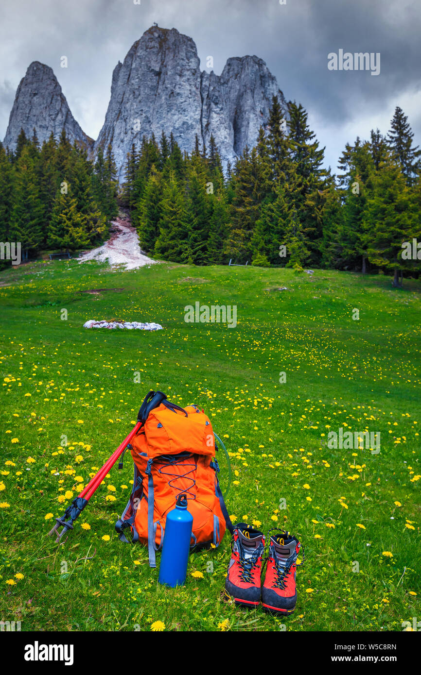 Wanderschuhe, bunten Rucksack, Thermoskannen und Wandern Pol in blühende Wiese. Wandern und Trekking Ausrüstung Konzept Stockfoto