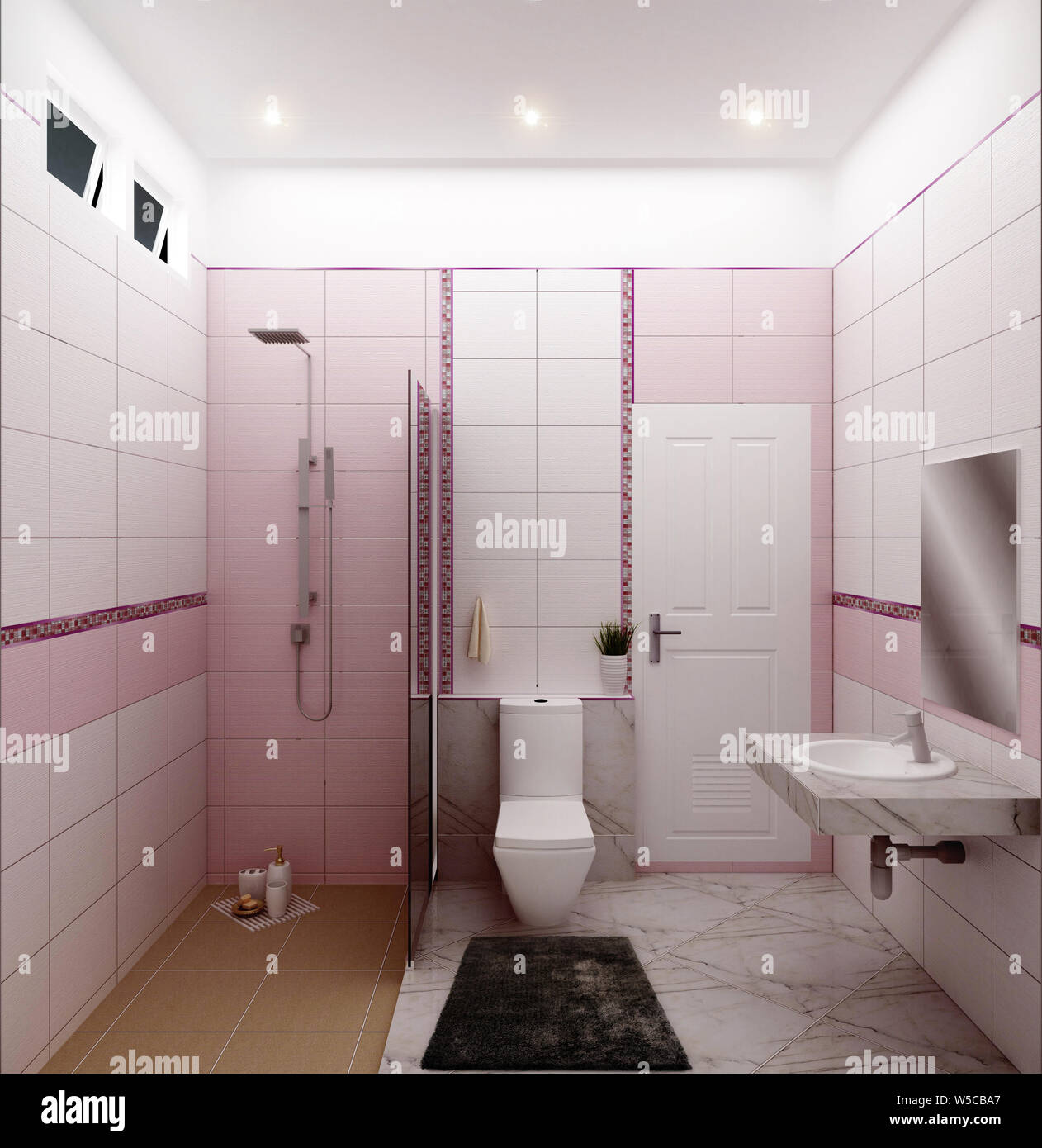 Helles Badezimmer Design fliesen Rosa, modernen Stil. 3D-Rendering Stockfoto