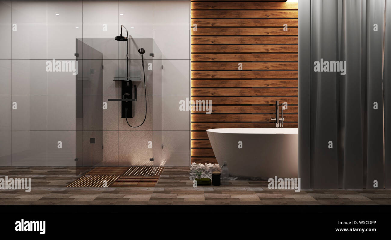 Weiße Fliesen und Holz Wand Bad Interieur mit einer Runde weiße Wanne, Zen Stil. 3D-Rendering Stockfoto