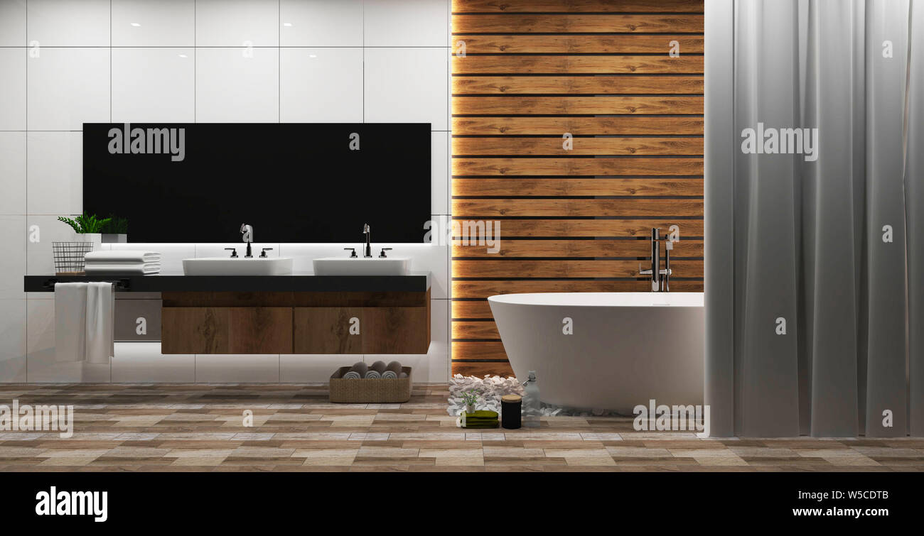 Weiße Fliesen und Holz Wand Bad Interieur mit einer Runde weiße Wanne, Zen Stil. 3D-Rendering Stockfoto