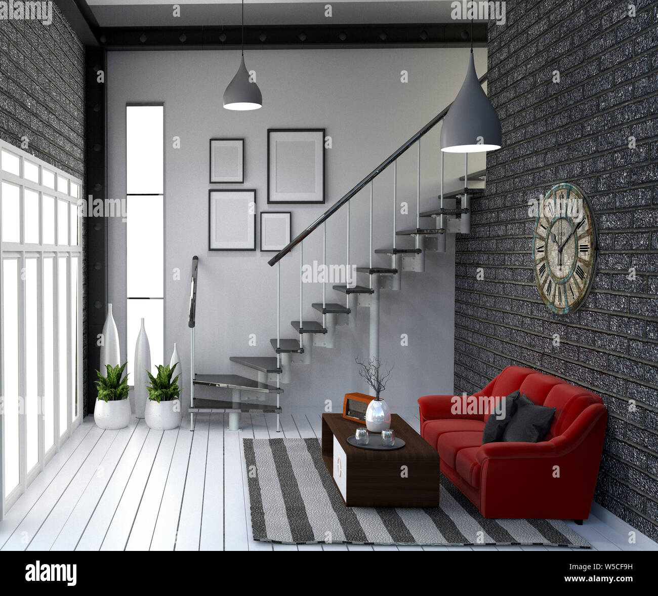 Moderne Loft style living Interior Design. 3D-Rendering Stockfoto