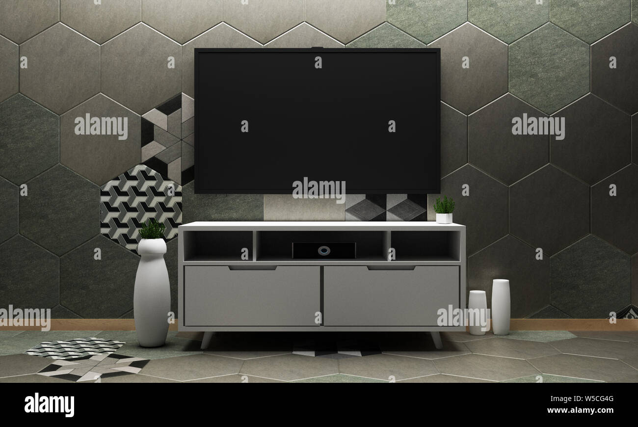Smart TV Mock up mit leeren schwarzen Bildschirm hängen an den Schrank  Dekor auf Hexagon Muster für Wand und Boden Design. 3D-Rendering  Stockfotografie - Alamy
