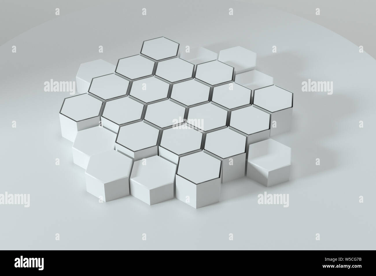 Weiße, hexagonale Plattformen miteinander verbunden Hintergrund, 3D-Rendering. Computer digitale Zeichnung. Stockfoto