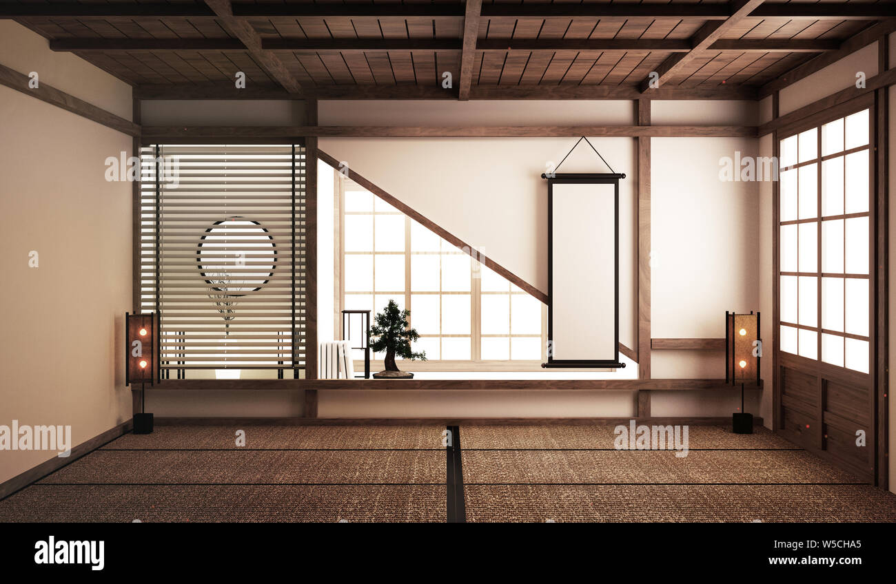 Interior Design, modernes Wohnzimmer mit niedrigen Tisch, Sesseln, Bonsai Baum und Dekoration im japanischen Stil. 3D-Rendering Stockfoto