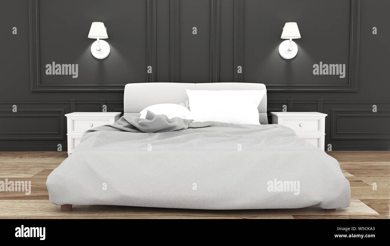 Elegance Bed Zimmer auf schwarze Wand, luxuriösen Stil. 3D-Rendering Stockfoto
