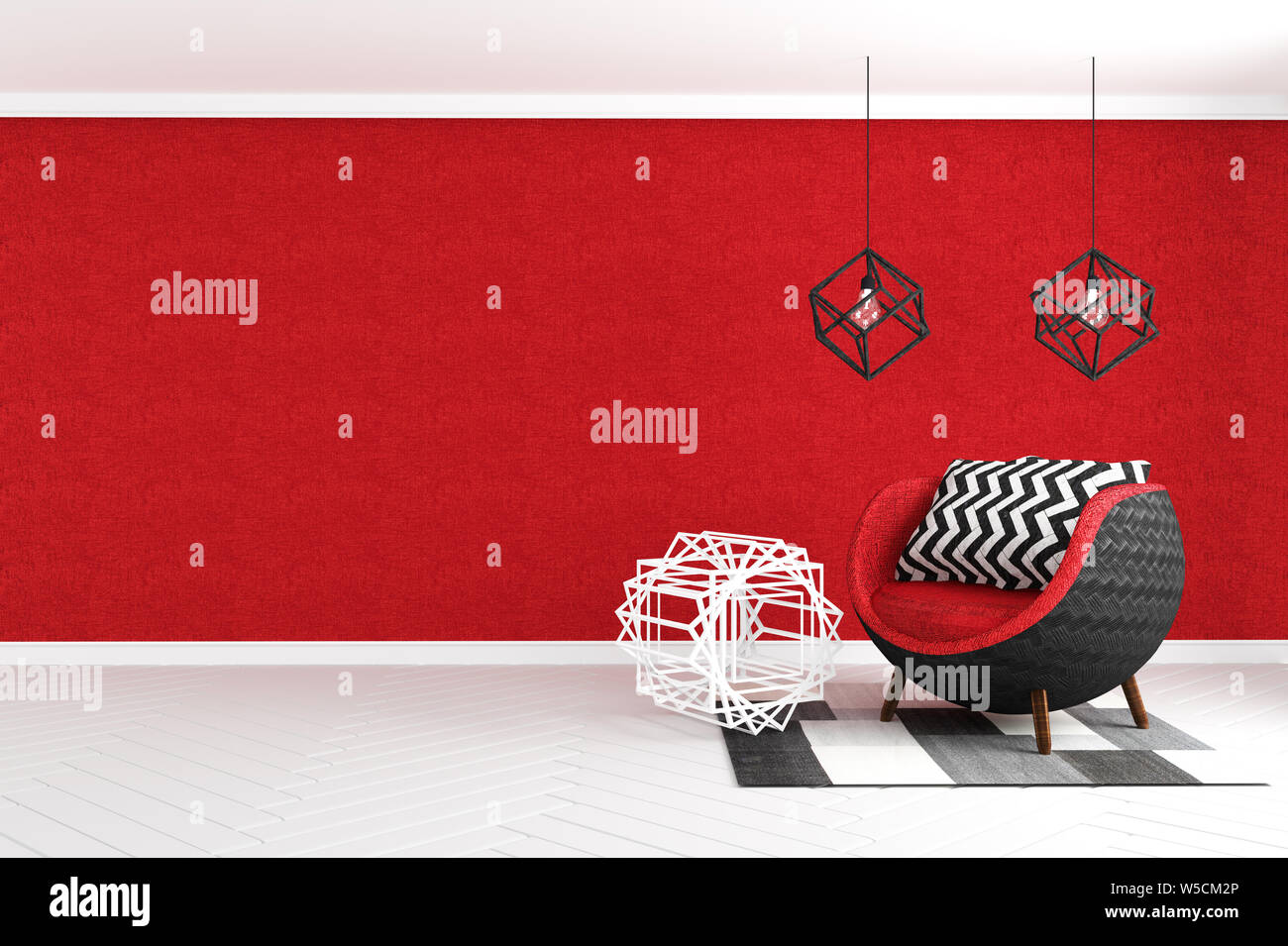 Wohnzimmer innen mit Samt Sessel auf rote Wand Hintergrund. 3D-Rendering Stockfoto