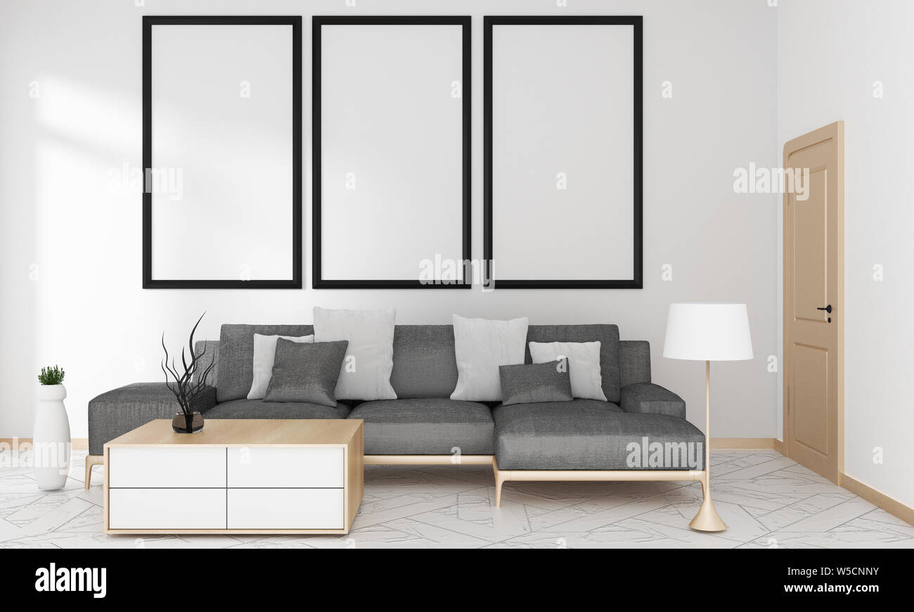 Graue Sofa im Wohnzimmer für Mock up Japanischen modernen Stil, 3D-Rendering Stockfoto