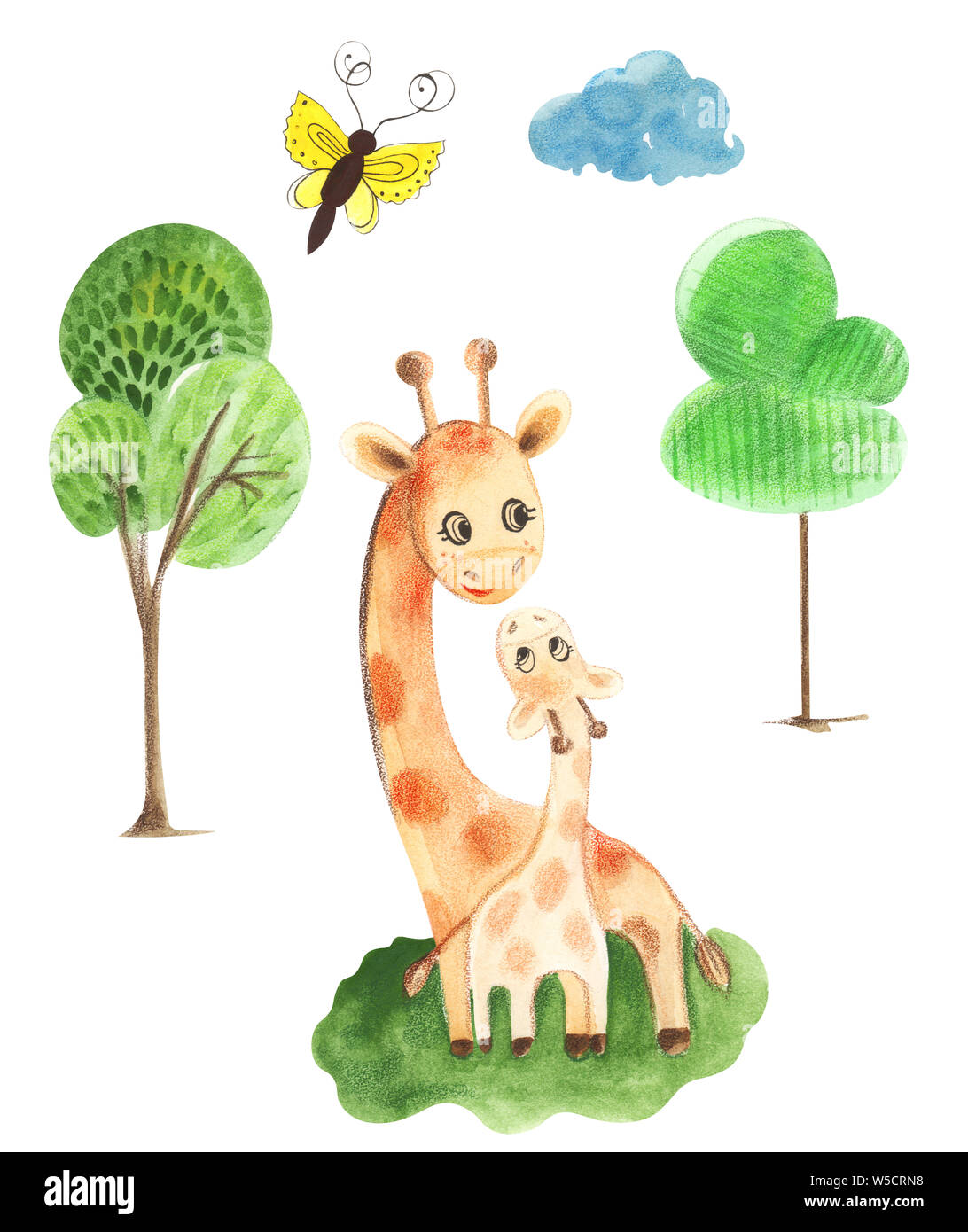 Abbildung: Farbe aquarell Tier Charakter giraffe Mutter und Sohn gemeinsam unter Palmen auf einem weißen Hintergrund isoliert. Stockfoto