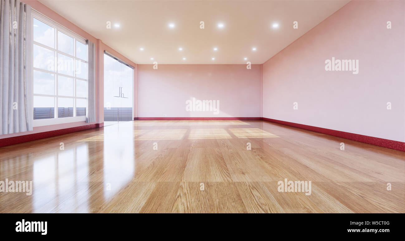 Leere Zimmer mit Holzboden auf weiße Wand im Hintergrund. 3D-Rendering Stockfoto