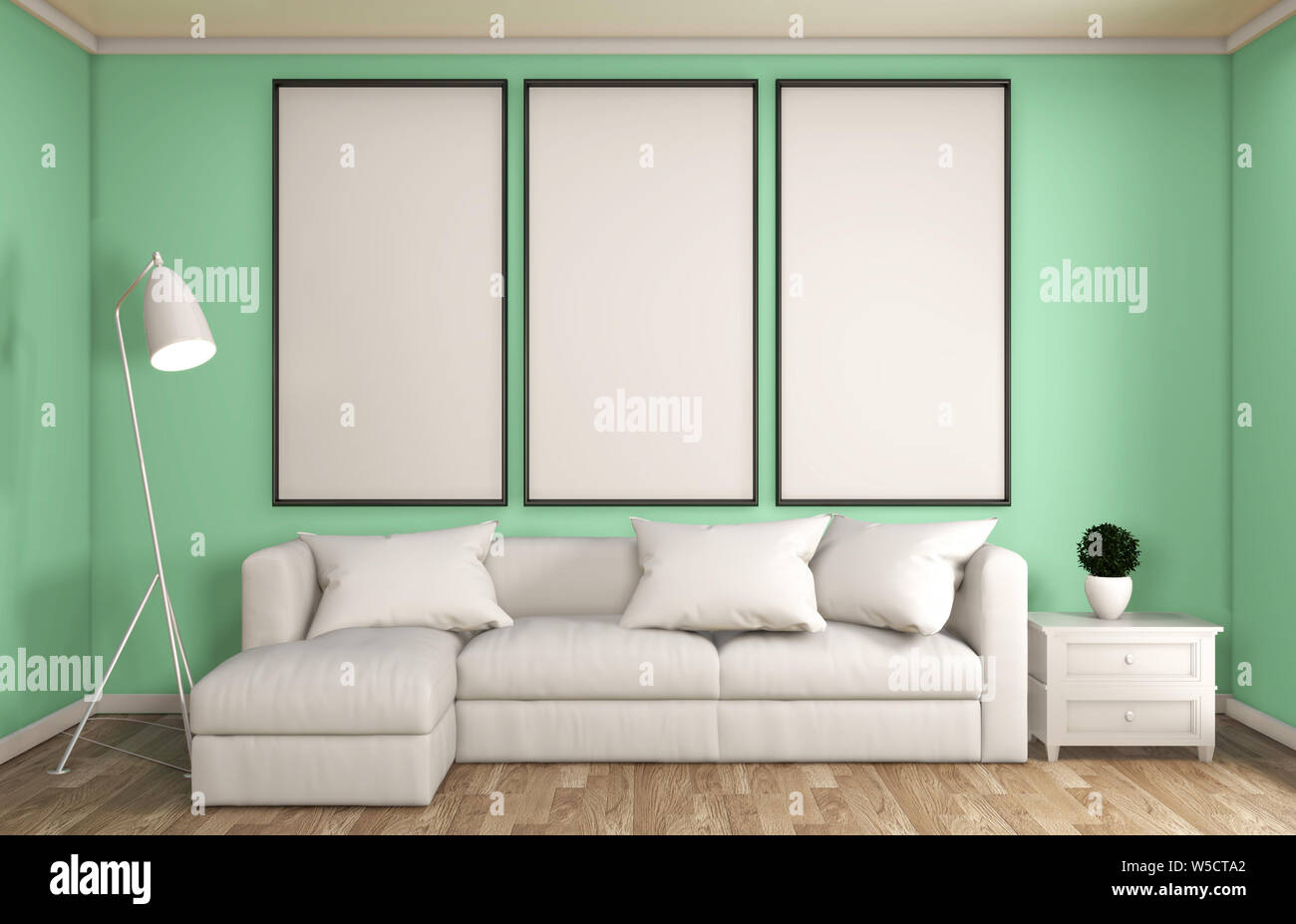 Mock up mint Wohnzimmer Dekoration im japanischen Stil, entworfen, um minimale Zen Stil. 3D-Rendering Stockfoto