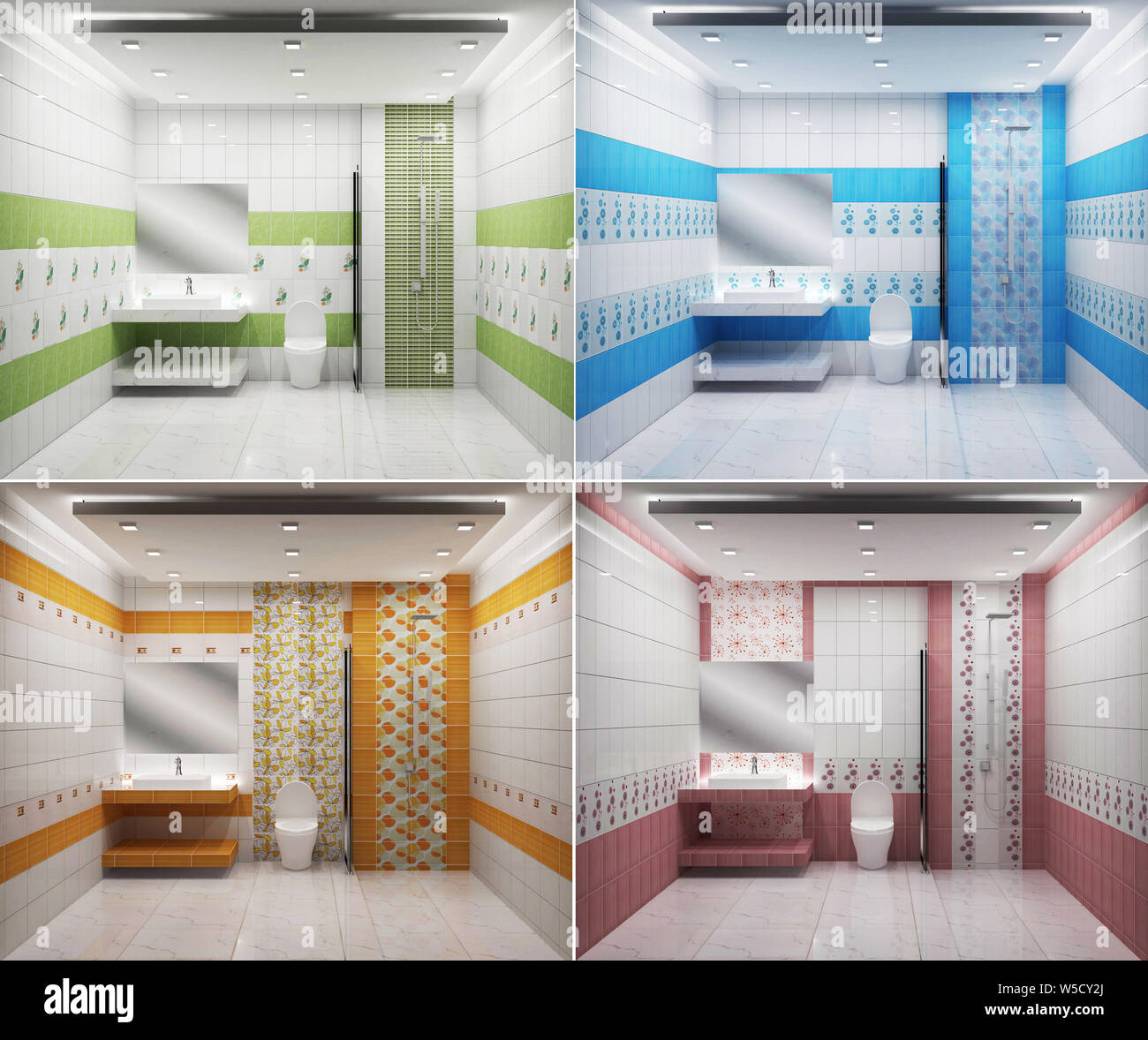 Helles Badezimmer Design Fliesen rosa grün blau und gelb, modernen, farbenfrohen Stil. 3D-Rendering Stockfoto