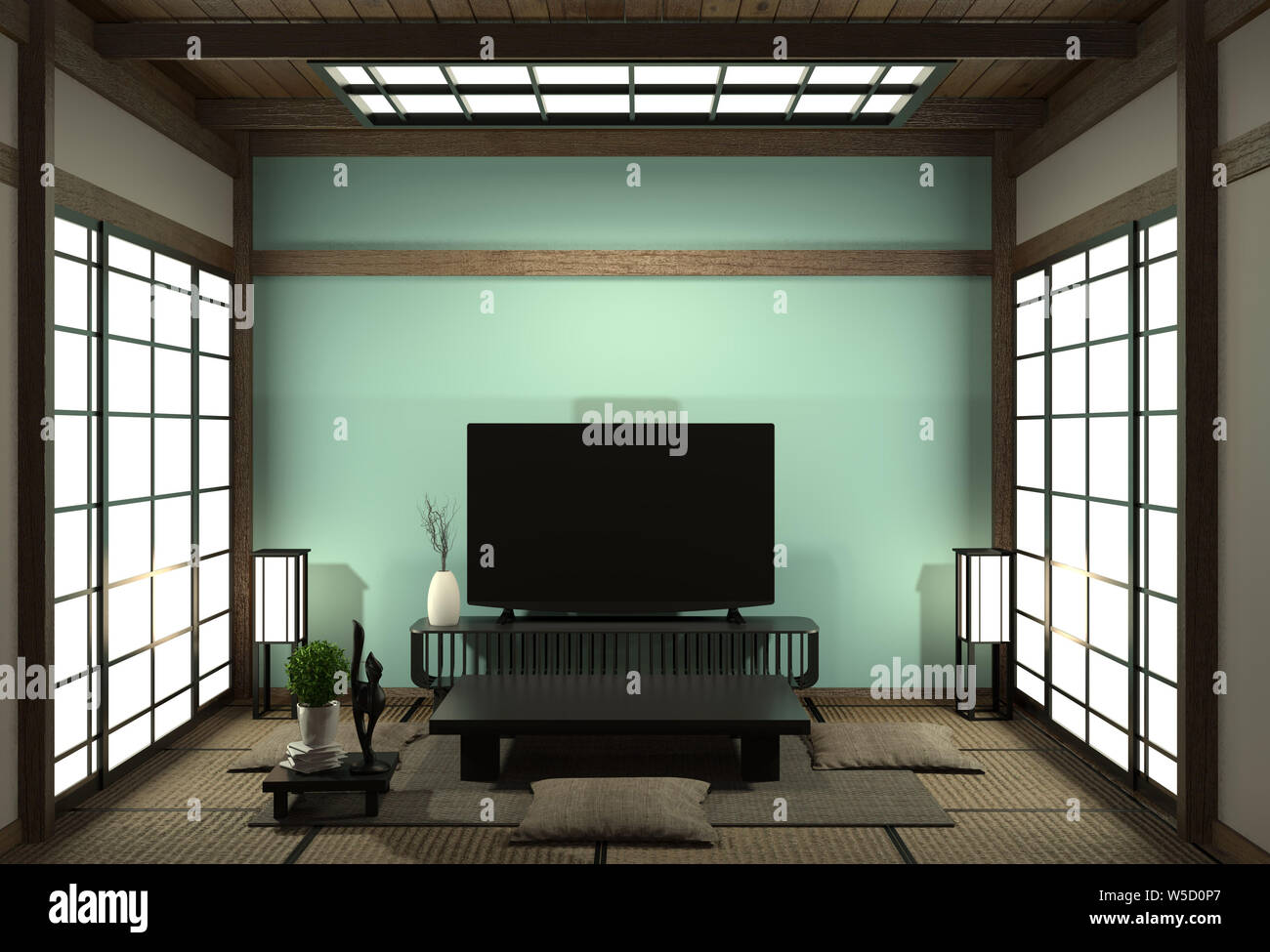 Smart TV Mockup mit leeren schwarzen Bildschirm hängen an den Schrank Einrichtung, modernen hellen Blau Wohnzimmer im japanischen Stil. 3D-Rendering Stockfoto