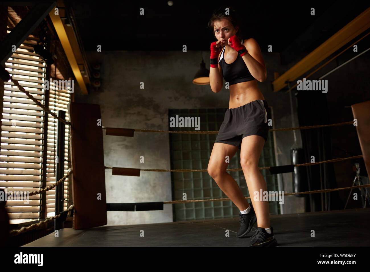 Dramatische in voller Länge Porträt der haltbaren weiblichen Boxer üben im Boxring, Kopie Raum Stockfoto