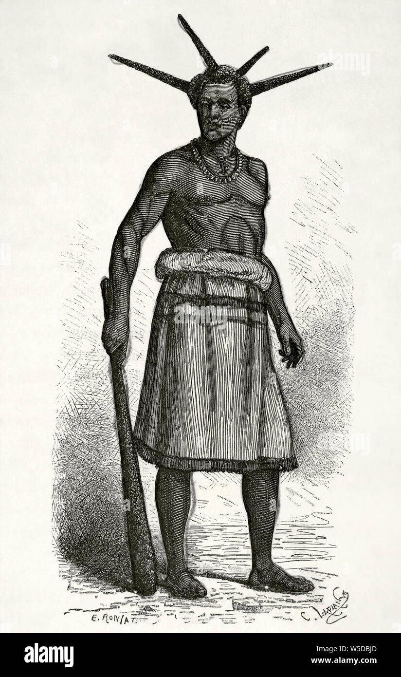 Zentralafrika. Rua indigenen Wer besucht Ujiji Gebiet. Zeichnung von Etienne Ronjat (1822-1912). Kupferstich von Charles Laplante (1837-1903). Afrika inexplorada, el Continente Misterioso von Henry Morton Stanley, C. 1887. Stockfoto