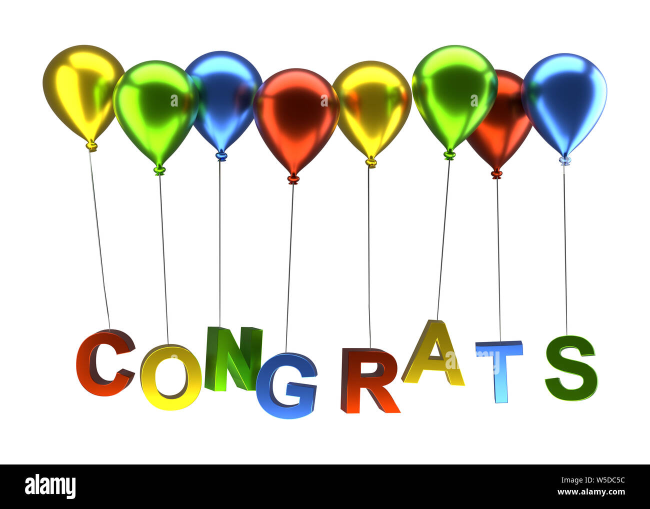 Bunte Luftballons mit dem Wort congrats auf einem weißen Hintergrund, 3D-Rendering Stockfoto