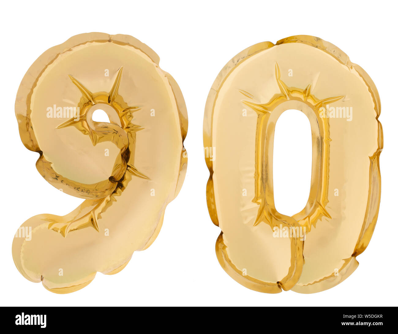 Nummer 90, 90, Farbe gold Helium Luftballons auf weißem Hintergrund. Goldene Farbe. Stockfoto