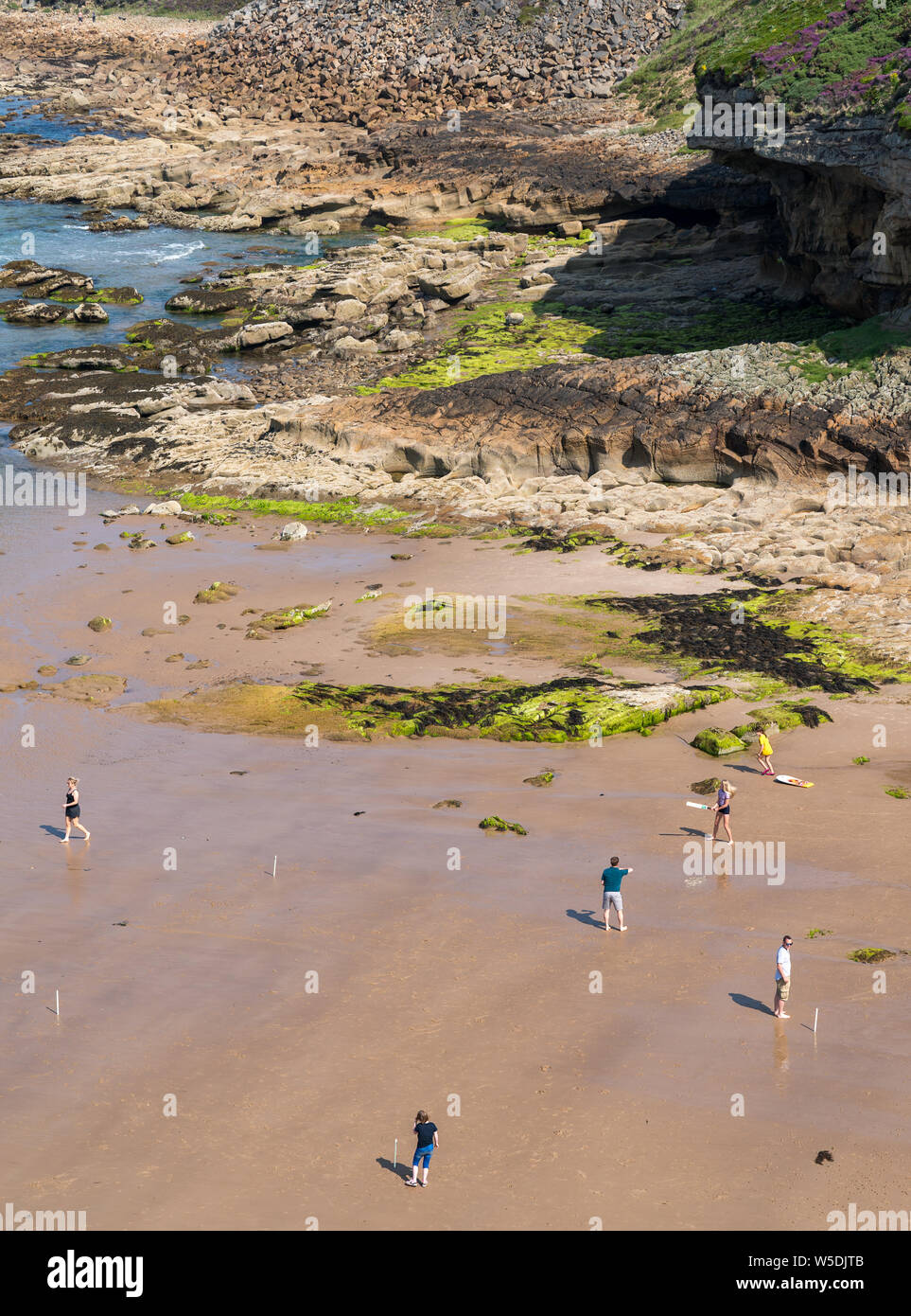 Cove Bay, Hopeman, Muränen, UK. 28. Juli 2019. UK. Dies ist die Szene am Sonntag Nachmittag in der sehr geschützten Bucht Bay, in der Nähe von hopeman auf der Küste von Moray. Credit: JASPERIMAGE/Alamy leben Nachrichten Stockfoto