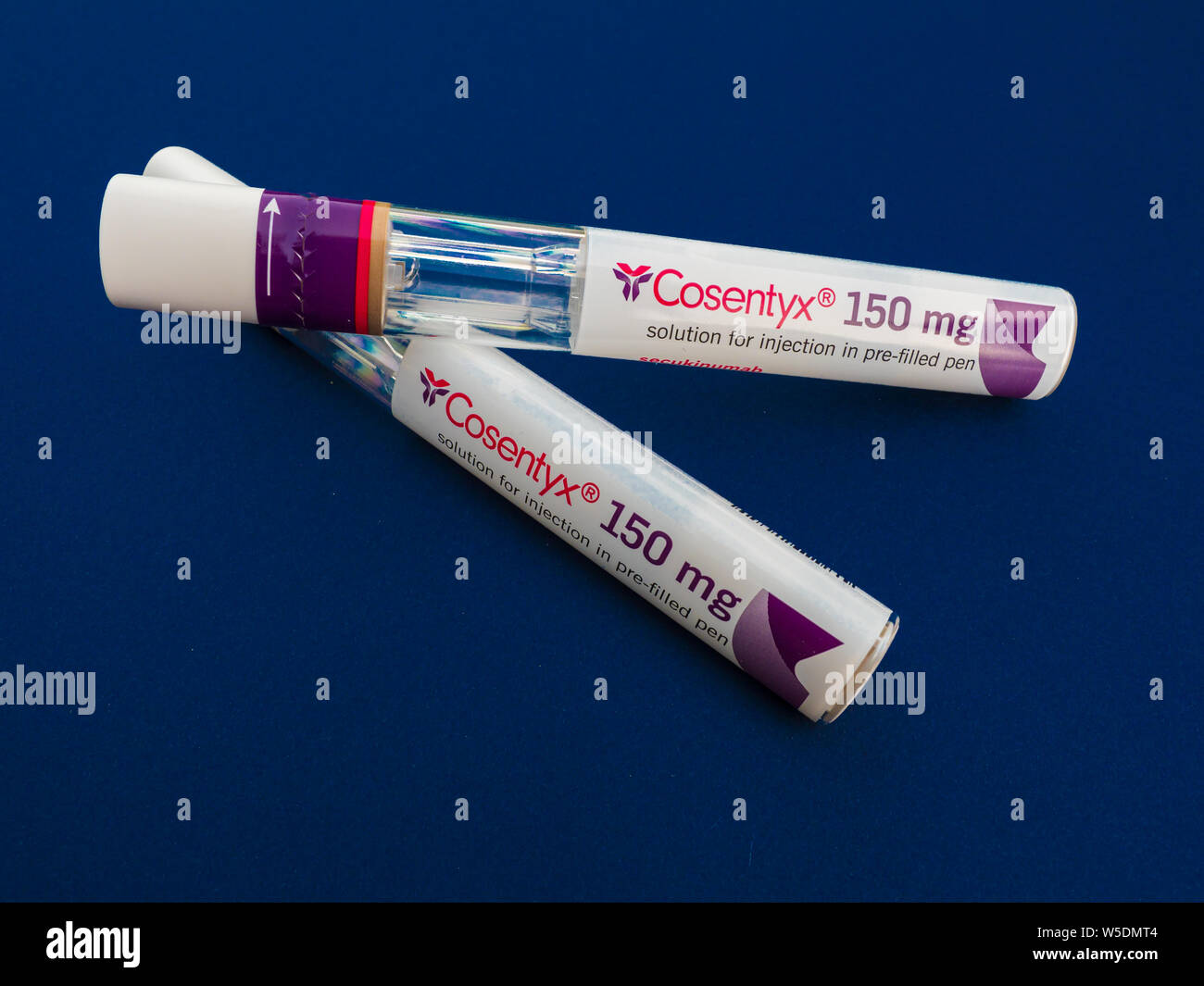 Zwei ungeöffnete Cosentyx 150 mg (secukinumab) auto Injektions-pens eine auf die andere ruht auf einem blauen Hintergrund Stockfoto