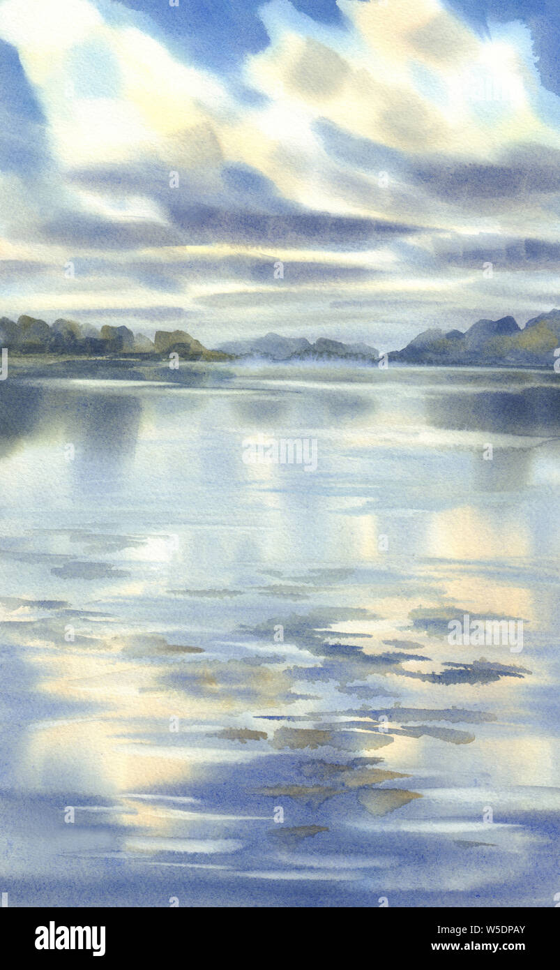 Wolken über dem See Aquarell Hintergrund. Sommer Tag Landschaft Stockfoto